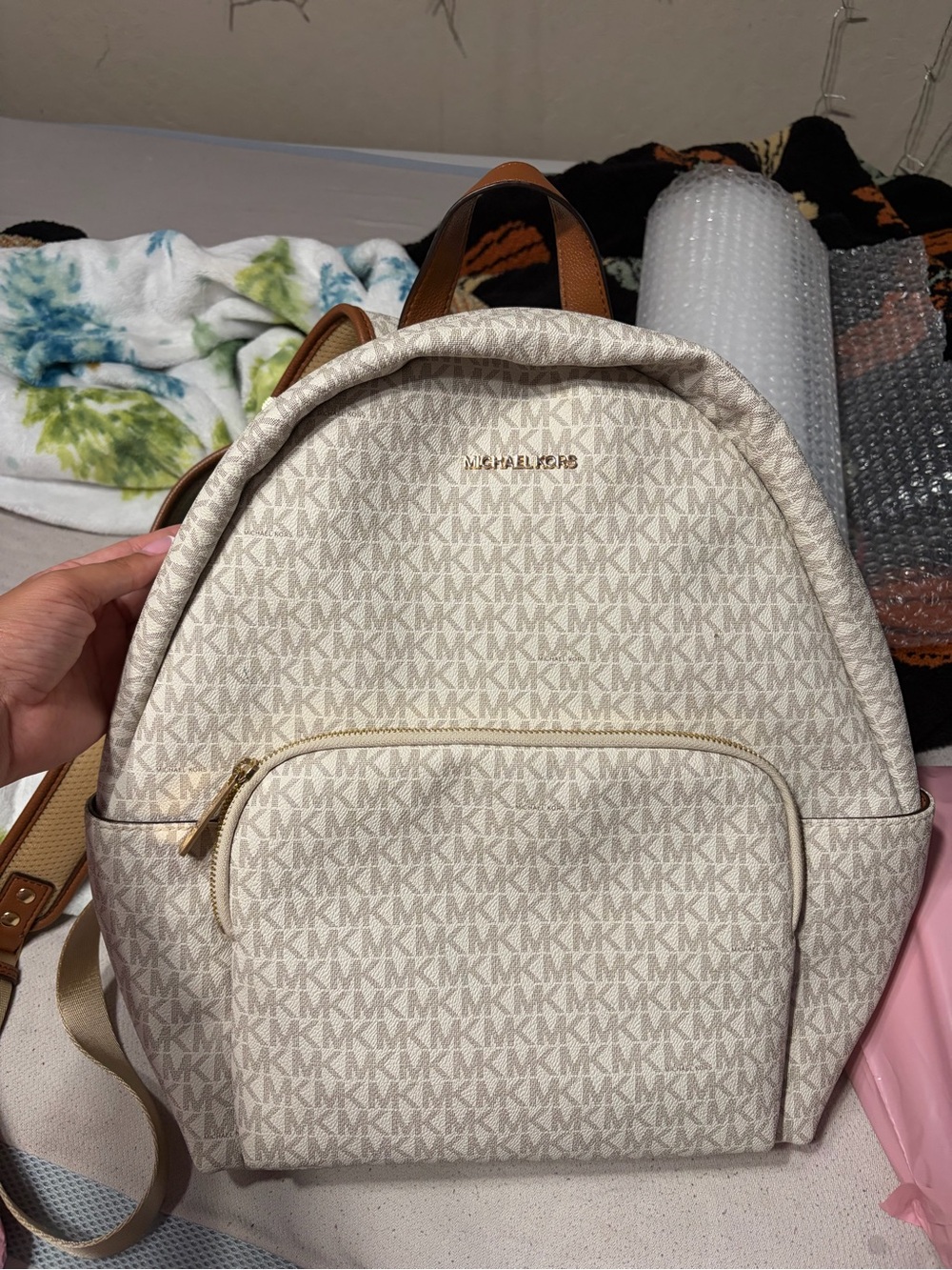 Michael Kors Cream Signature MK Backpack with Gold Hardware